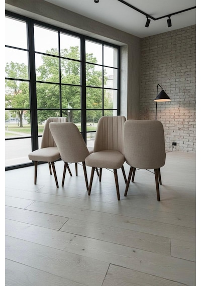 Nora 4 Adet Sandalye - Keten Kumaşlı Sandalye Modern Ahşap Ayaklı Yemek & Çalışma Sandalyesi Minimal Tasarım Cappuccino