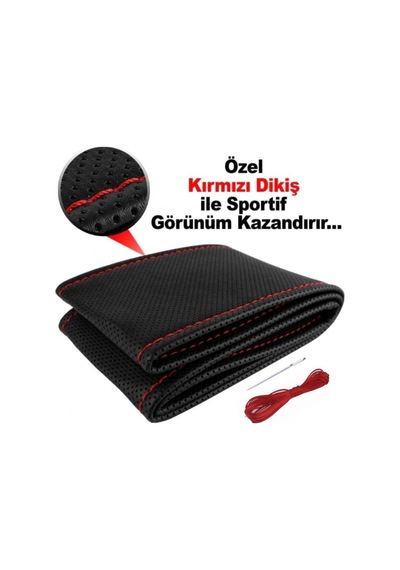Dikmeli Deri Direksiyon Kılıfı Noktalı Kokusuz Kırmızı Dikişli