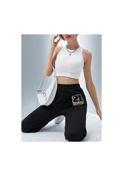 Tarzsokak Qutie Letter Graphic Elastic Waist 4 Mevsim Eşofman Siyah