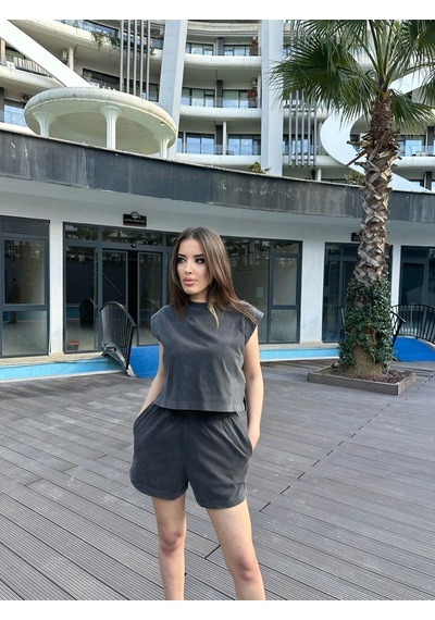Pamuk Kolsuz Taşlanmış Şort Takım Granit Gri