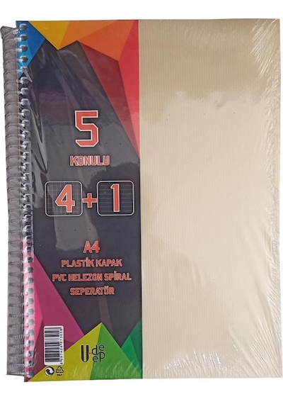 4+1 Ayraçlı Defter 5 Konulu 125 Yaprak 1 Adet 4 Kareli 1 Çizgili Spralli Plastik Kapak Seperatörlü Krem