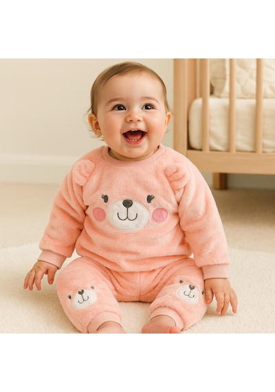 Alpbebe Cute Bear Suratlı Omuzdan Çıtçıtlı Welsoft İçi Astarlı 2 Parça Takım Nar Çiçeği
