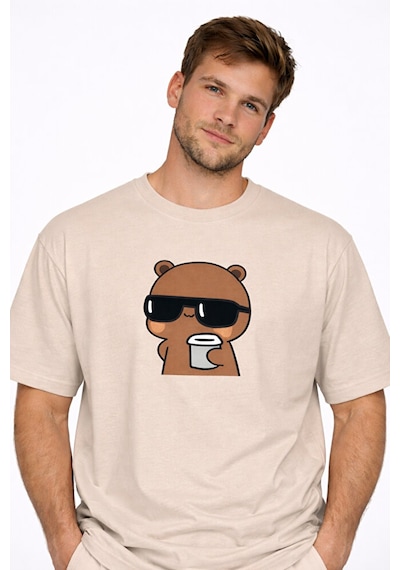 Sevgili Kombini Panda Bardak Baskılı Çift Tişört Oversize Unisex Bej