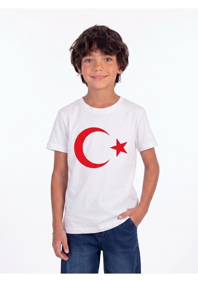Onloox Erkek Beyaz Erkek Çocuk Beyaz Pamuklu Penye Bisiklet Yaka Kısa Kollu Türk Bayrağı Baskılı Tişört 4-14 Yaş
