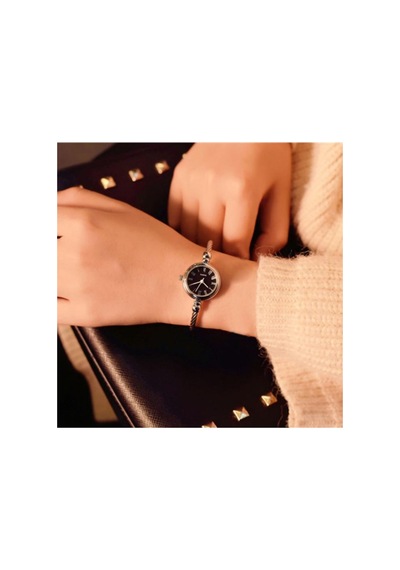 Metal-siyah Ince Bileklik Yuvarlak Vintage&retro Saat Siyah - Rose Gold