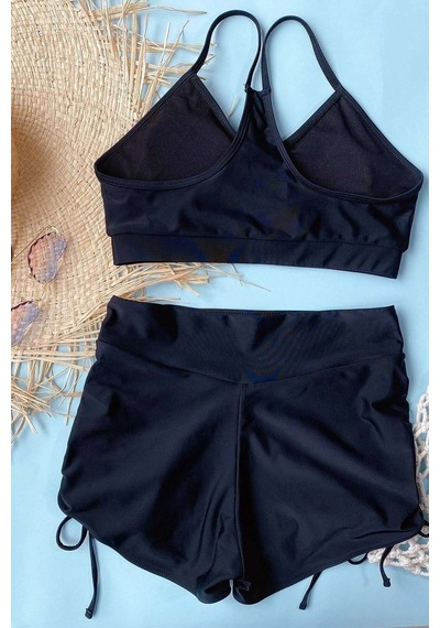 Angelsin Yanlardan Ayarlı Büzgülü Deniz Şortlu Tankini Bikini Takım 001