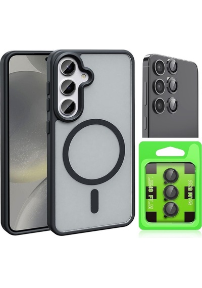 Vendas Galaxy Uyumlu S25 Kılıf M-safe Şarj Özellikli Mat Arka Yüzey Zore Sio Kapak + Kamera Lens Koruyucu Siyah