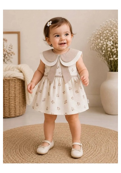 Ferasty İstanbul Kız Bebek Elbise Çıtır Çiçekli Bebe Yaka Bej