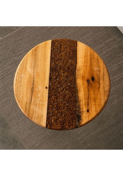 Modern Ahşap & Epoksi Detaylı Yuvarlak Kahve Sehpası 40 Cm Çap, 52 Cm Yükseklik Aletsiz Kolay Kurulum Bej