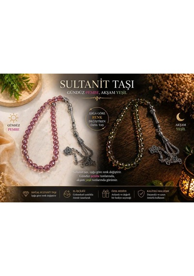 Sultanit Taşı 33 Lü Tesbih Gündüz Pembe Akşam Yeşil Renk Değiştiren Doğal Taş Zultanit Tesbih Özel Tasarım