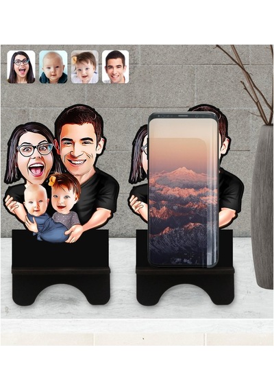 Kişiye Özel Aile Karikatürlü Ahşap Biblo Telefon Standı-4