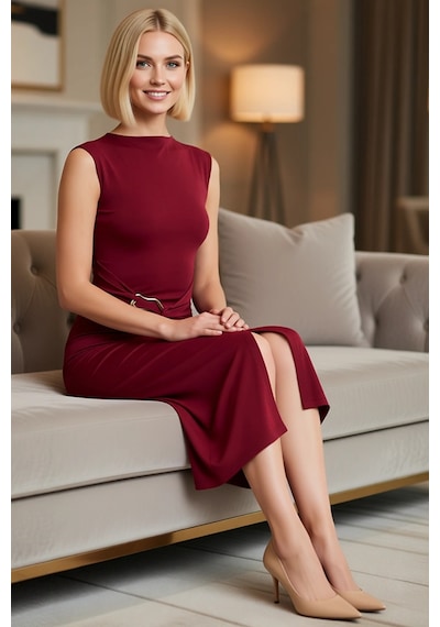 Benerly Kadın Bodycon Midi Elbise Kolsuz Kayık Yaka Aksesuar Detaylı Örne Bordo Benerly Kadın Bodycon Midi Elbise Kolsuz Kayık Yaka Aksesuar Detaylı Örne Bordo