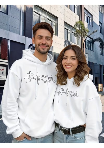 Nevermind Heartbeat Baskılı Hoodie Sweatshirt Kapüşonlu Unisex Çift Kombi Beyaz