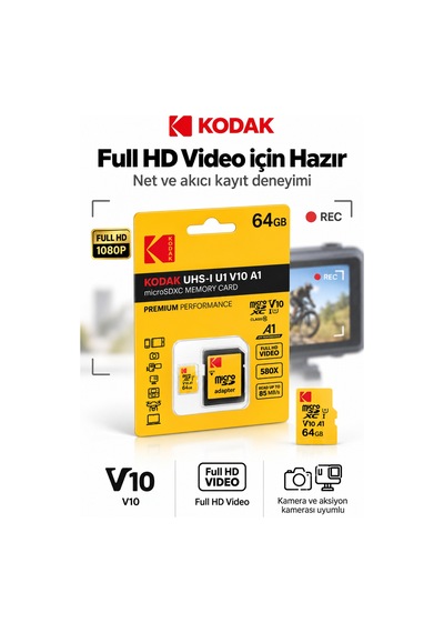64gb Microsdxc Hafıza Kartı Uhs-ı U1 V10 A1 85 Mb/s Full Hd Sd Adaptörlü