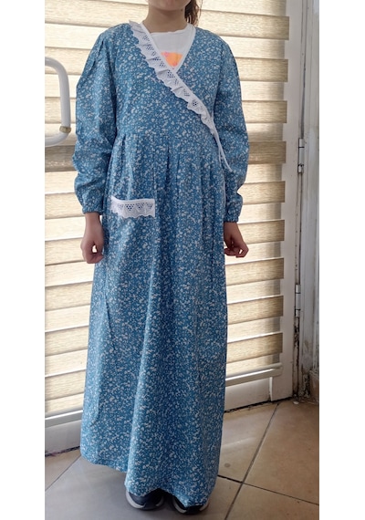 Kız Çocuk Pembe Ve Mavi Renkli Çiçekli Namaz Elbisesi Yüzde Yüz Pamuklu Poplin Kumaş 3-14 Yaş MAvi