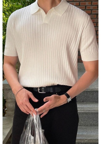 Erkek Fitilli Polo Yaka Triko T-shirt Beyaz