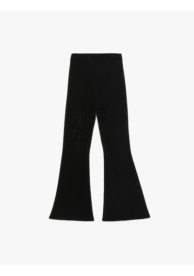 Koton Viskon Karışımlı Taş Detaylı Slim Fit İspanyol Paça Pantolon Siyah 5sak40030uk