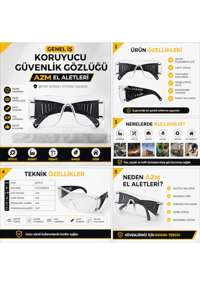 Genel İş Koruyucu Güvenlik Gözlüğü Şeffaf Polikarbon Lens Yan Korumalı Hafif Ve Ergonomik İş Gözlüğü