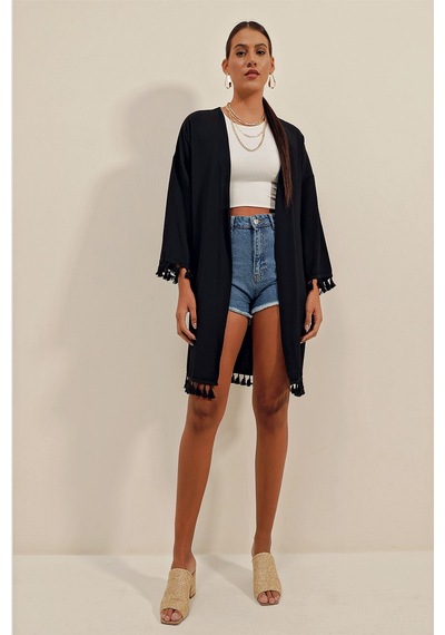 Hiccup Bdart Ponpon Detaylı Midi Plaj Kimono Siyah
