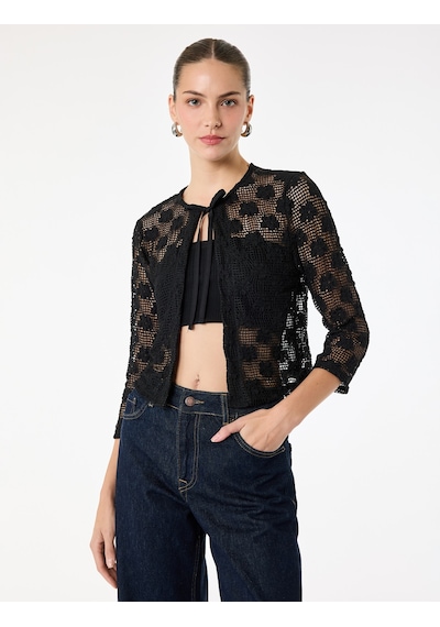 Koton Slim Fit Uzun Kollu Bisiklet Yaka Önden Bağlamalı Fiyonklu Dantel Crop Bluz Siyah 6sak80003pk