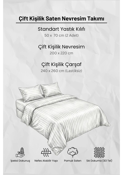 Çift Kişilik Pamuk - Saten 210 Tc 83 Tel Çizgili Nevresim Takımı Gri