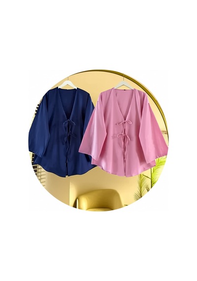 Unika Boutique Önü Bağlamalı Kimono Tunik Cift Renk Oversize Yeni Sezon Rahat Kalıp Önü Baglamalı Lacivert Pembe
