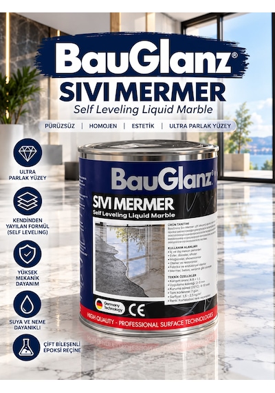 Sıvı Mermer Çift Bileşenli Epoksi Reçine Zemin Kaplama Seti - Ultra Parlak Kendinden Yayılan Dekoratif Epoksi 2.5 L