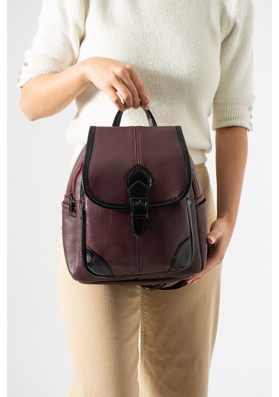 Nahitatyana Hakiki Deri Şeritli Vintage Kadın Sırt Çantası Orta Boy Bordo - 843884616 Bordo
