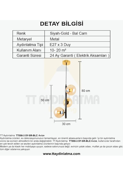 Tt008-3 Sy Tt Aydınlatma Siyah-Sarı Renk Bal Camlı Lüks Avize
