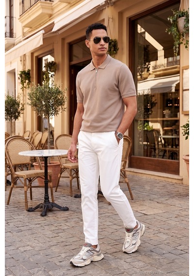 Buratti Pamuklu Regular Fit Fermuarlı Erkek Polo Yaka T Shirt 5902434 Vizon