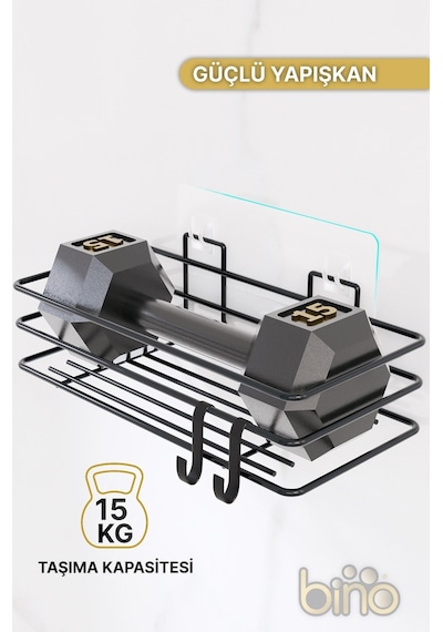 Bino 2li Set Banyo Düzenleyici Şampuanlık Mat Siyah Yapışkanlı 4 Askılı Duş Rafı Paslanmaz Organizer Siyah