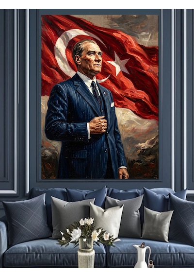 Türk Bayrağı Önünde Asil Atatürk Dekoratif Kanvas - Mdf Ahşap Tablo