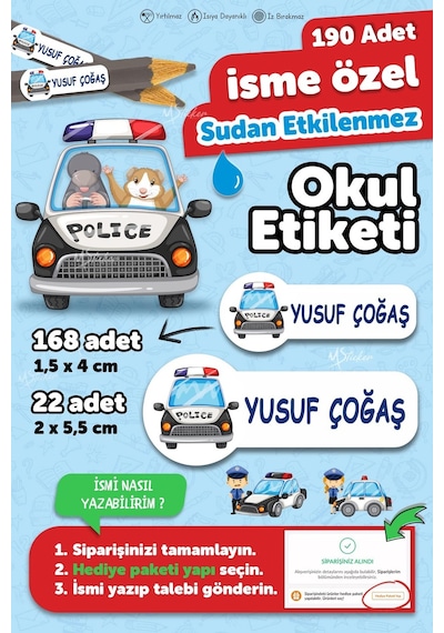 Okul Etiketi Kalem Defter İsimli Etiket Isim Yazılabilen Polis Temalı - 190 Adet Özel Yeni Tasarım