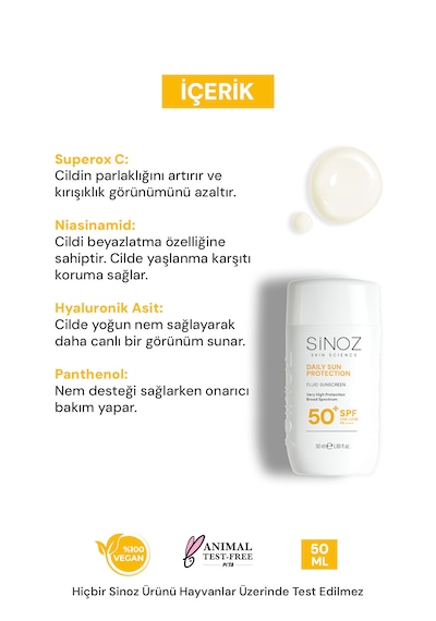 Sinoz Günlük Kullanım için Yüz Güneş Kremi SPF50+ 50 ML