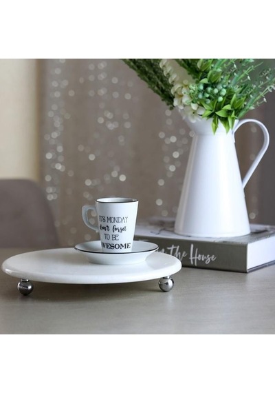 Akayev Mermer Beyaz 19 Cm Gümüş Boncuk Ayaklı Kahve Sunumluk - Yağ Ve Takı Standı Beyaz