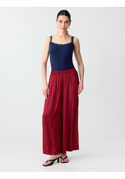 Jimmy Key Bordo Yüksek Bel Bol Paça Saten Uzun Dokuma Pantolon 6sw187079562