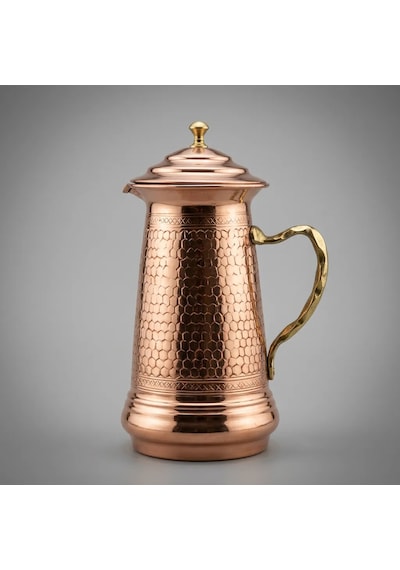 Aura Copper Bakır Sürahi 2 Litre Kapaklı İçi Kalaylı Geleneksel Desenli İbrik