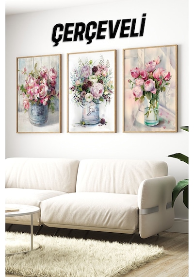 Ahşap Çerçeveli Mdf Tablo Seti Salon Ve Oturma Odası İçin Çiçekler Çt3070 42 X 62 Çok Renkli