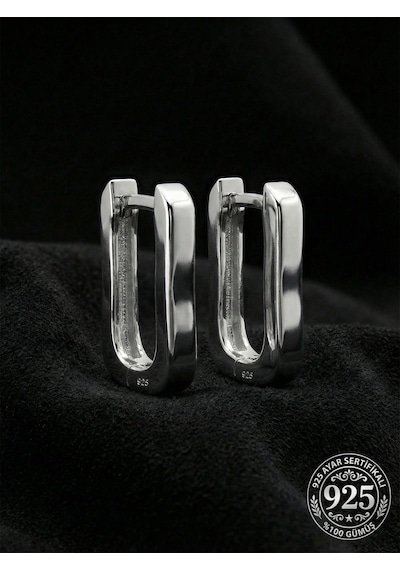 925 Ayar Gümüş Rodyum Kaplama Dikdörtgen Huggie Halka Küpe - Büyük Boy 3mm En Rze10284