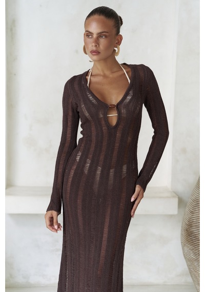 Mai Collection Mai Studios Co. Anandra Boncuk Detay Kahve Triko Uzun Elbise Kahve