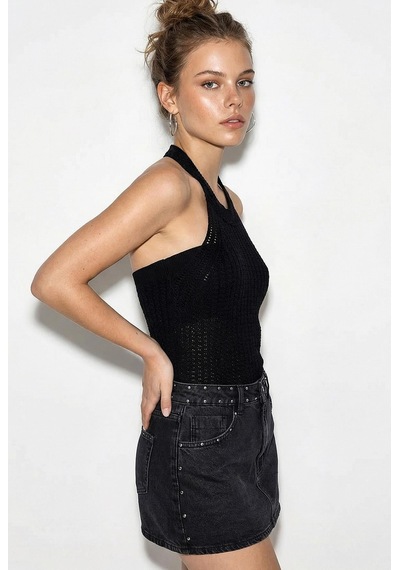 Shade Kadın Halter Yaka Ajurlu Triko Bluz 60261508 - Siyah