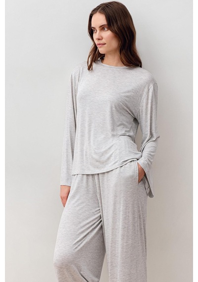 Uzun Kollu Oversize Basic Likralı Viskoz Alt Üst Takım 20210 Gri