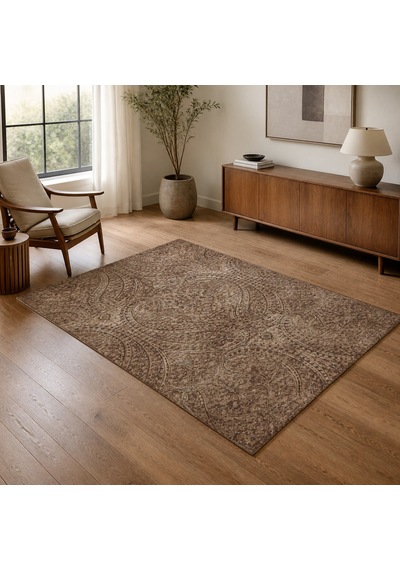 Kartela Halı Paisley Halı Kaymaz Taban Makinede Yıkanabilir Halı Kahverengi - 60 X 90 Cm