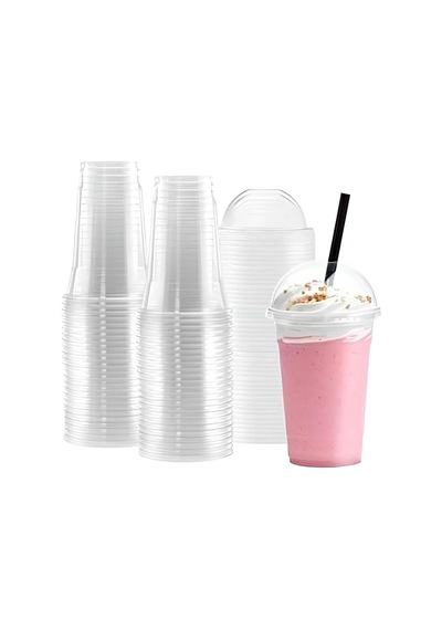 Plastik Şeffaf Bardak Kapaklı Milkshake Bardağı Kahve Bardağı Soğuk Içecek Bardağı 400ml 100 Adet Diğer
