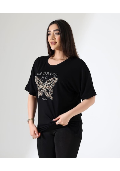 Elaxi Leopar Kelebek Desenli Bluz Siyah