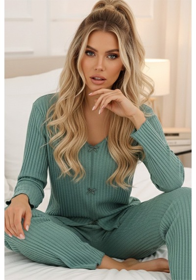 Siyah İnci Fitilli Kaşkorse Uzun Kollu Pijama Takım 7937 Yeşil