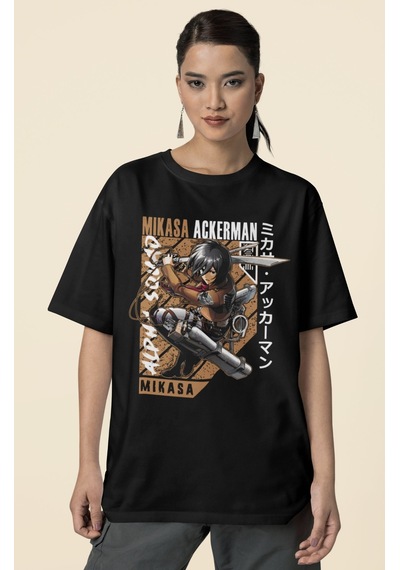 Sevbano Tasarım Mikasa Ackerman Attack On Titan Baskılı Unisex Oversize A Siyah