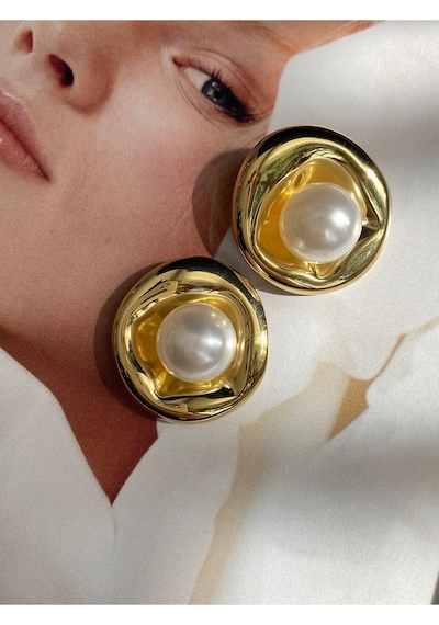 Pinery Jewels Top İncili Yuvarlak Paslanmaz Çelik Kadın Küpe Çifti Altın