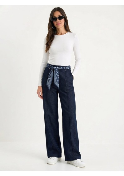 Shade Kadın Saten Kemer Detaylı Wide Leg Denim Pantolon 7510 60283941 - Lacivert