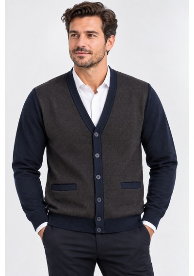 Bihan Store Erkek Çift Renkli V Yaka Düğmeli Örme Hırka - Klasik & Casual Şık 7206-lacivert